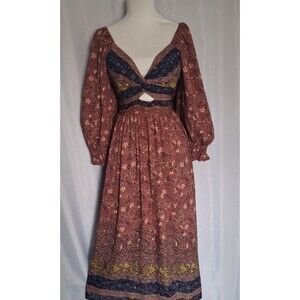 Vtg Y2K Angie Womens Floral Boho Midi Dress Puff Sleeve Cottage Festival Sz S